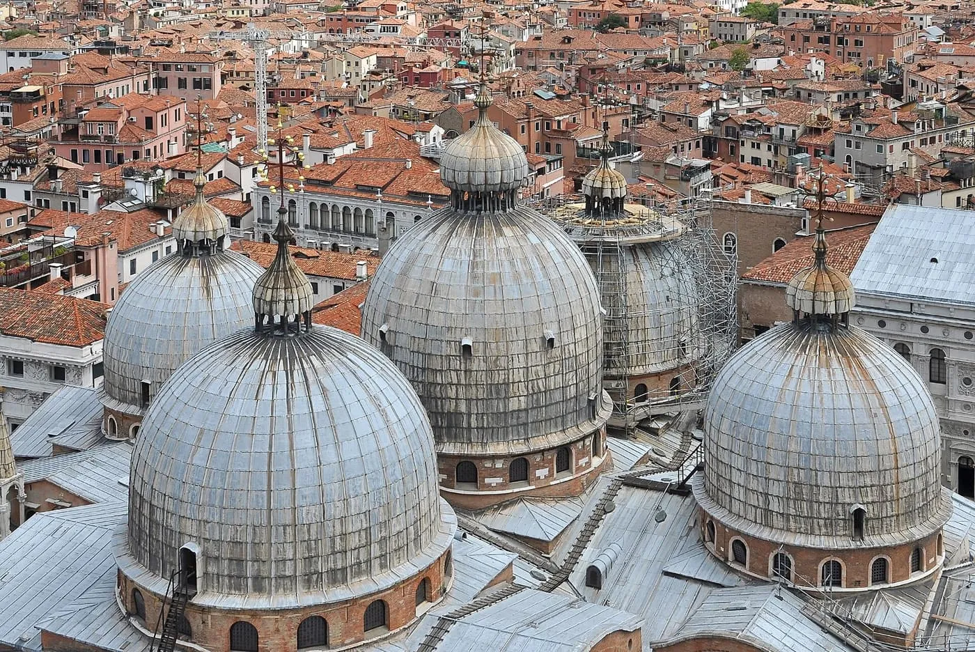 The silver domes of St Mark's Basilica seen from above
