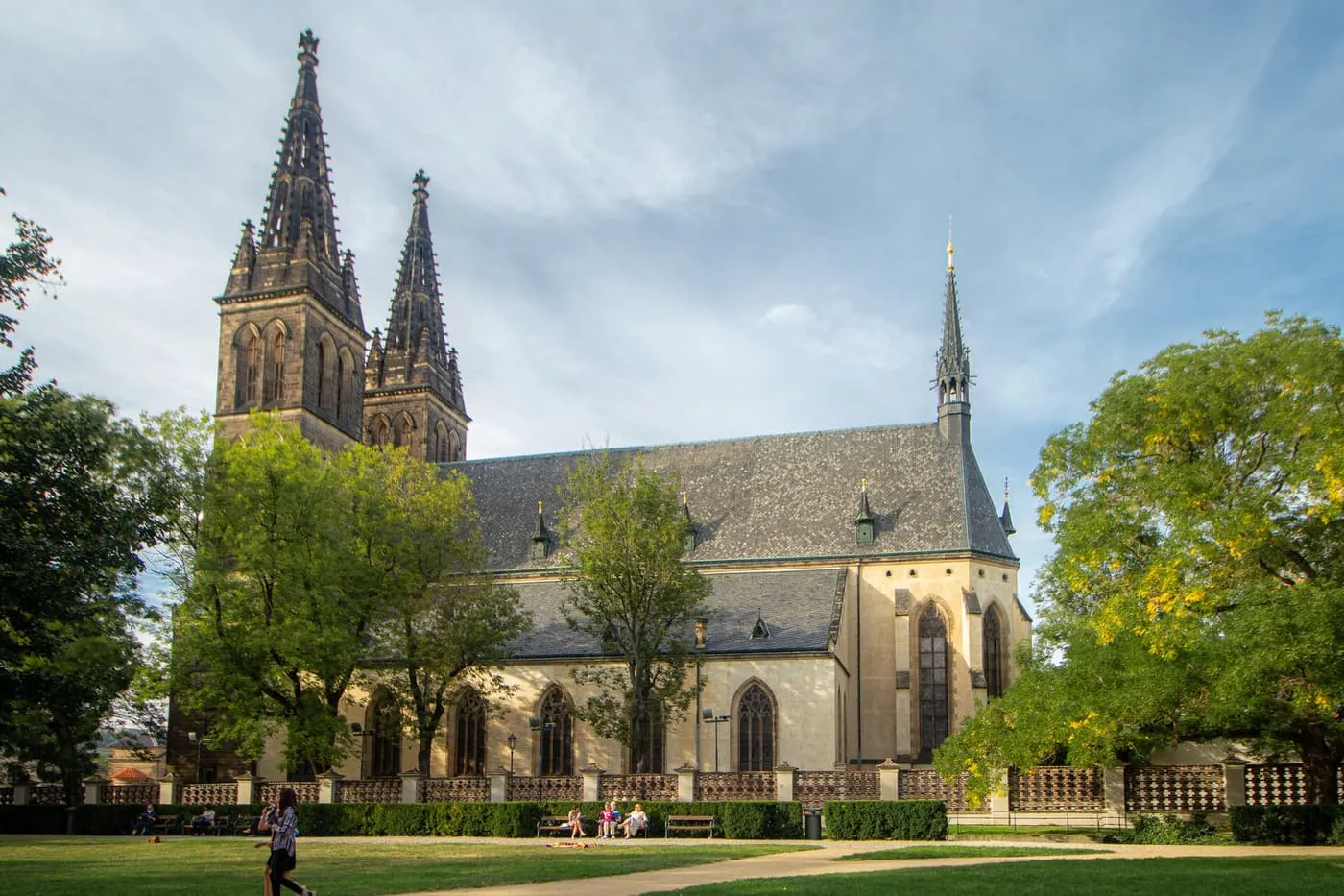 The Basilica of St Peter and St Paul at Vyšehrad, with its two neo-Gothic spires, seen across the park