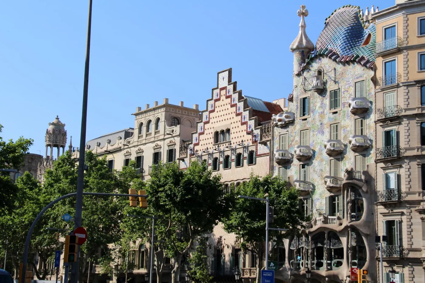 Casa Amatller's stepped gable beside Casa Batlló, with its scaled roof and balconies, seen across the trees on Passeig de Gràcia