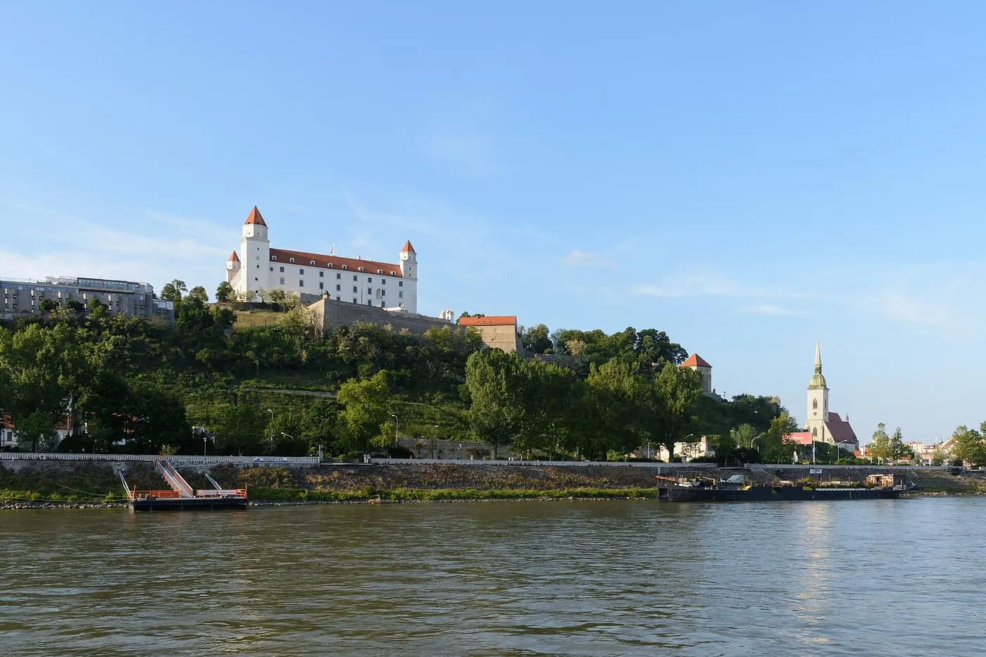 Bratislava Castle on its hill above the Danube, with the spire of St Martin's Cathedral to the right