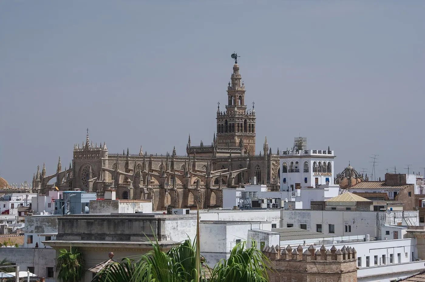 The Cathedral and the Giralda rising over white rooftops under a grey-blue sky