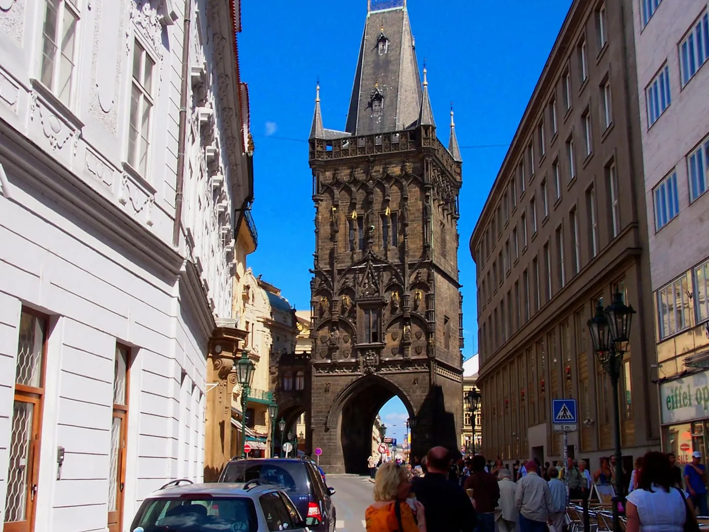 Celetná street in the Old Town, with the Gothic Powder Tower rising at the end of the street