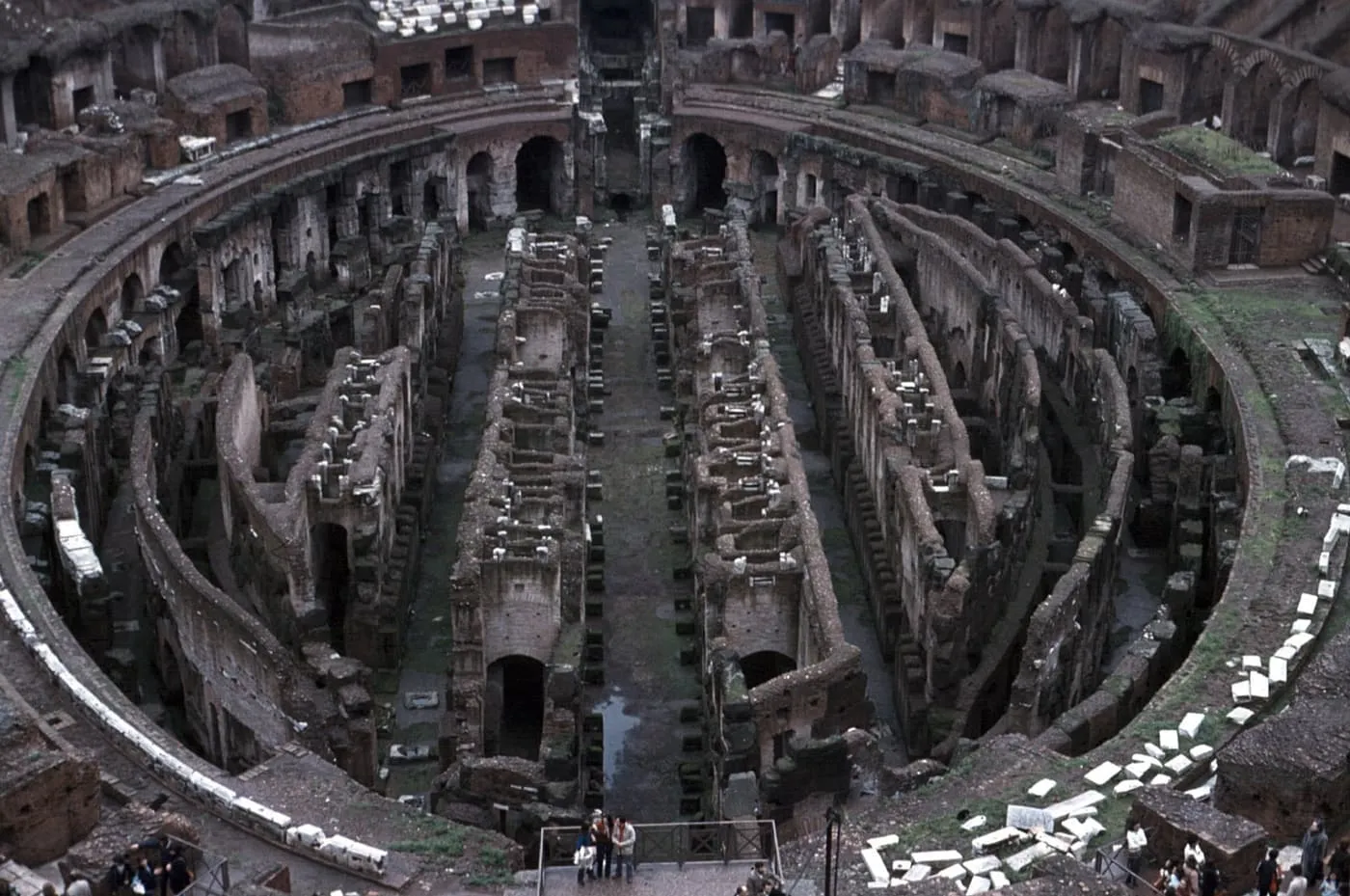 Looking down into the passages and walls beneath the Colosseum's arena