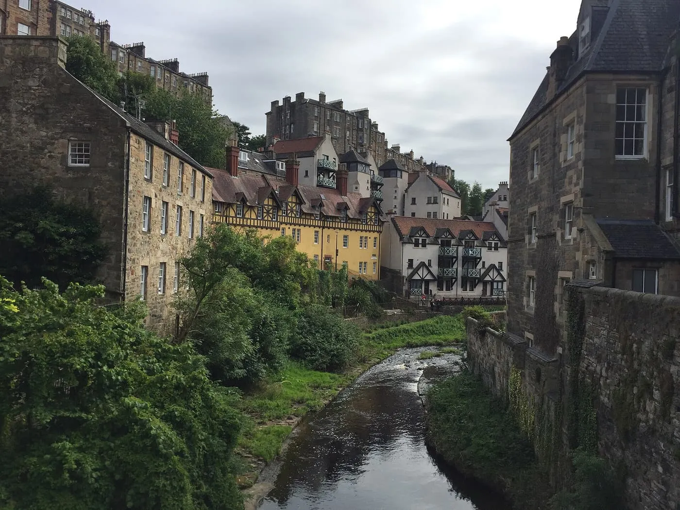 Stone and half-timbered houses beside the Water of Leith in Dean Village