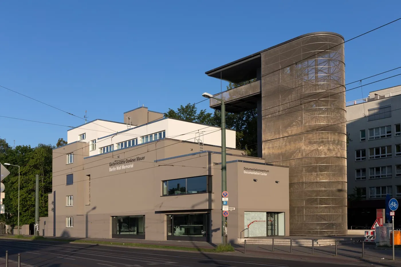 The Documentation Centre on Bernauer Straße, with its viewing tower wrapped in metal mesh on the right