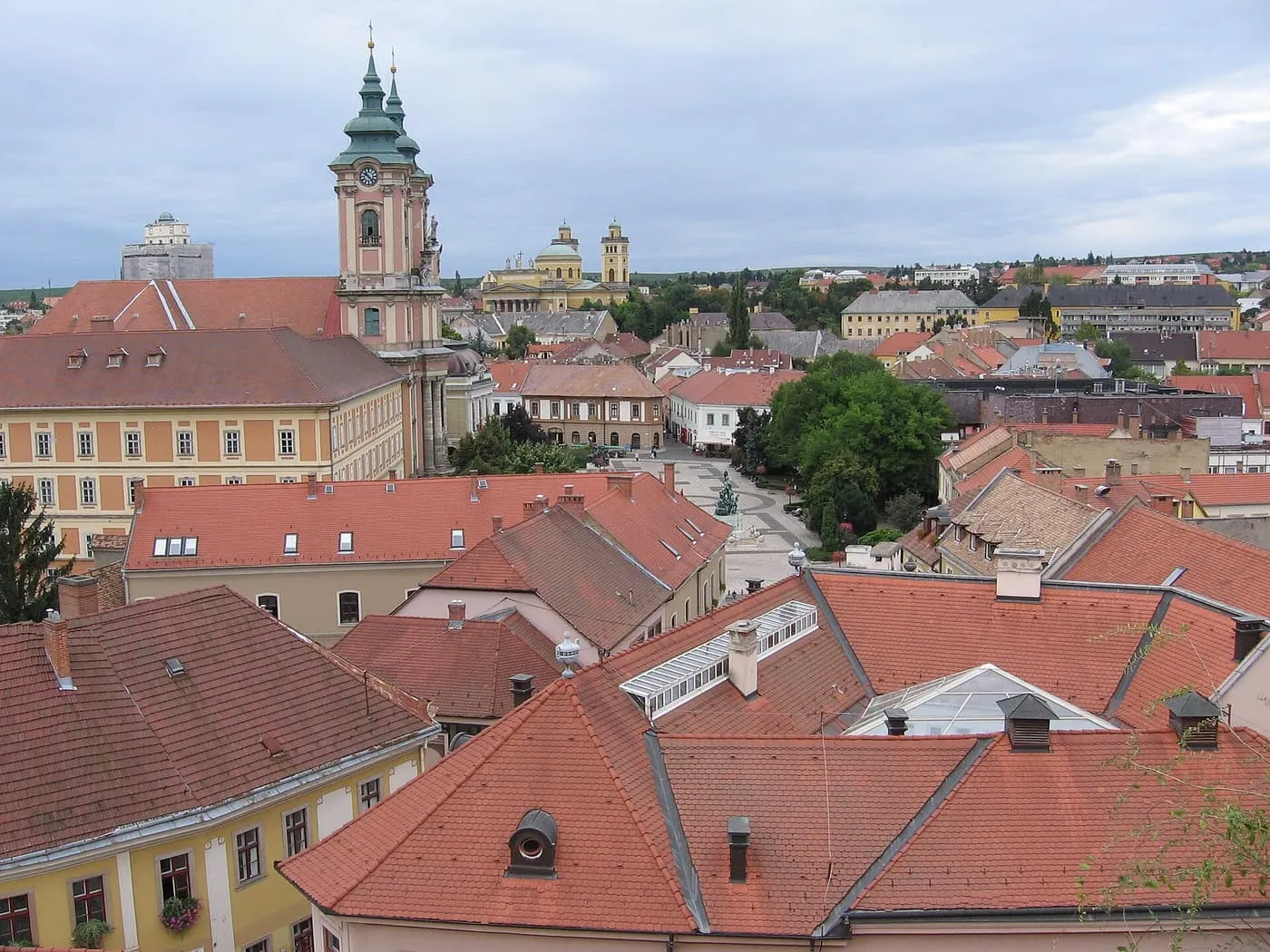 Red-tiled roofs of Eger and the twin-spired Minorite Church, seen from the castle
