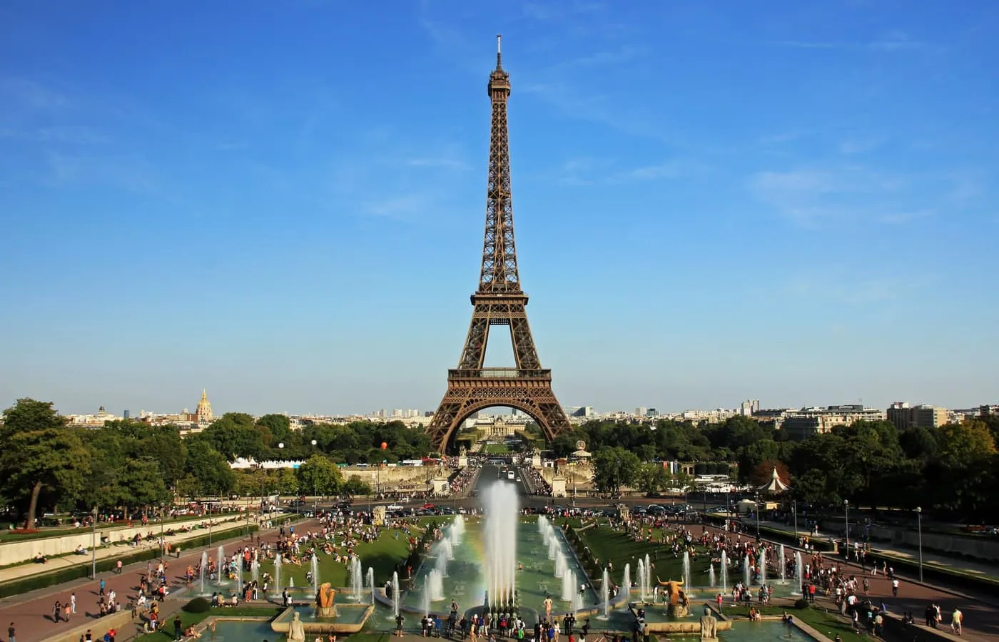 The Eiffel Tower across the Seine from the Trocadéro gardens, with crowds around the fountains