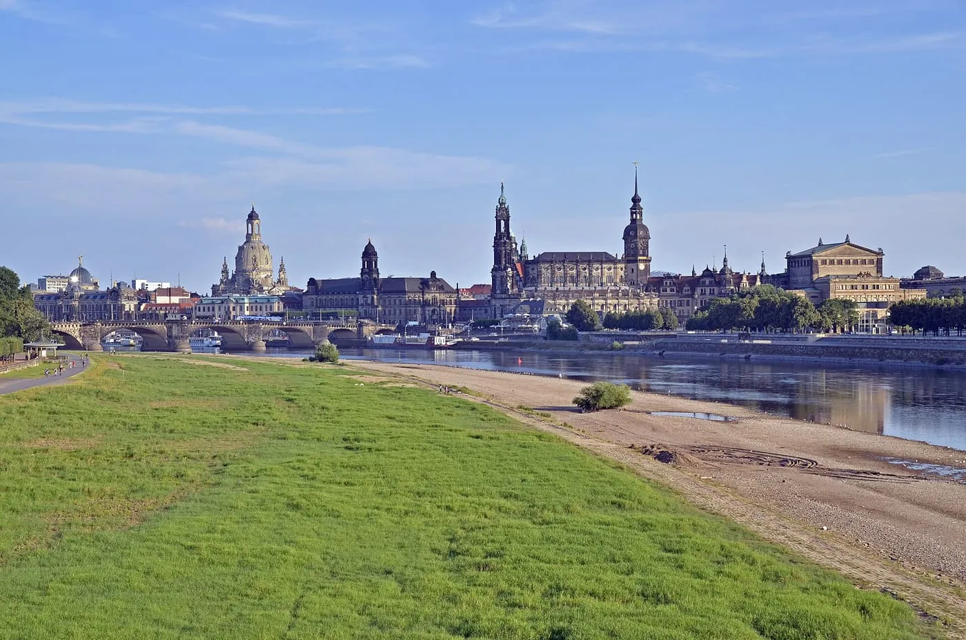 Dresden's Altstadt skyline across the Elbe, with the Frauenkirche dome, the Augustus Bridge and the Semperoper