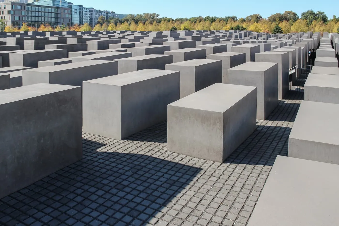 Rows of grey concrete stelae of different heights on a cobbled floor, with autumn trees and city buildings beyond