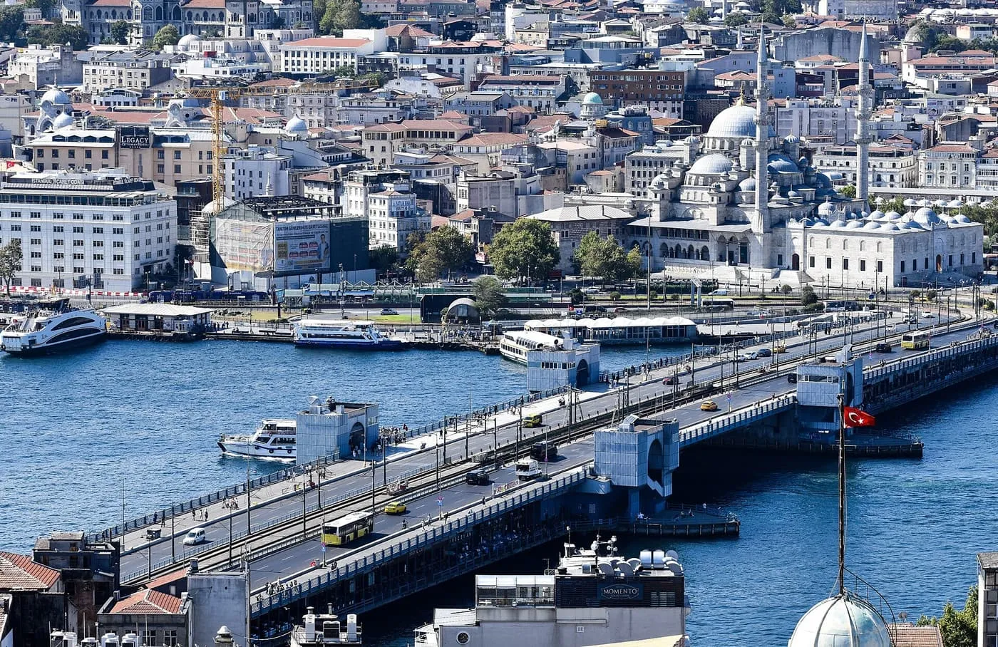 The Galata Bridge crossing the Golden Horn seen from above, with the New Mosque and the old city on the far shore