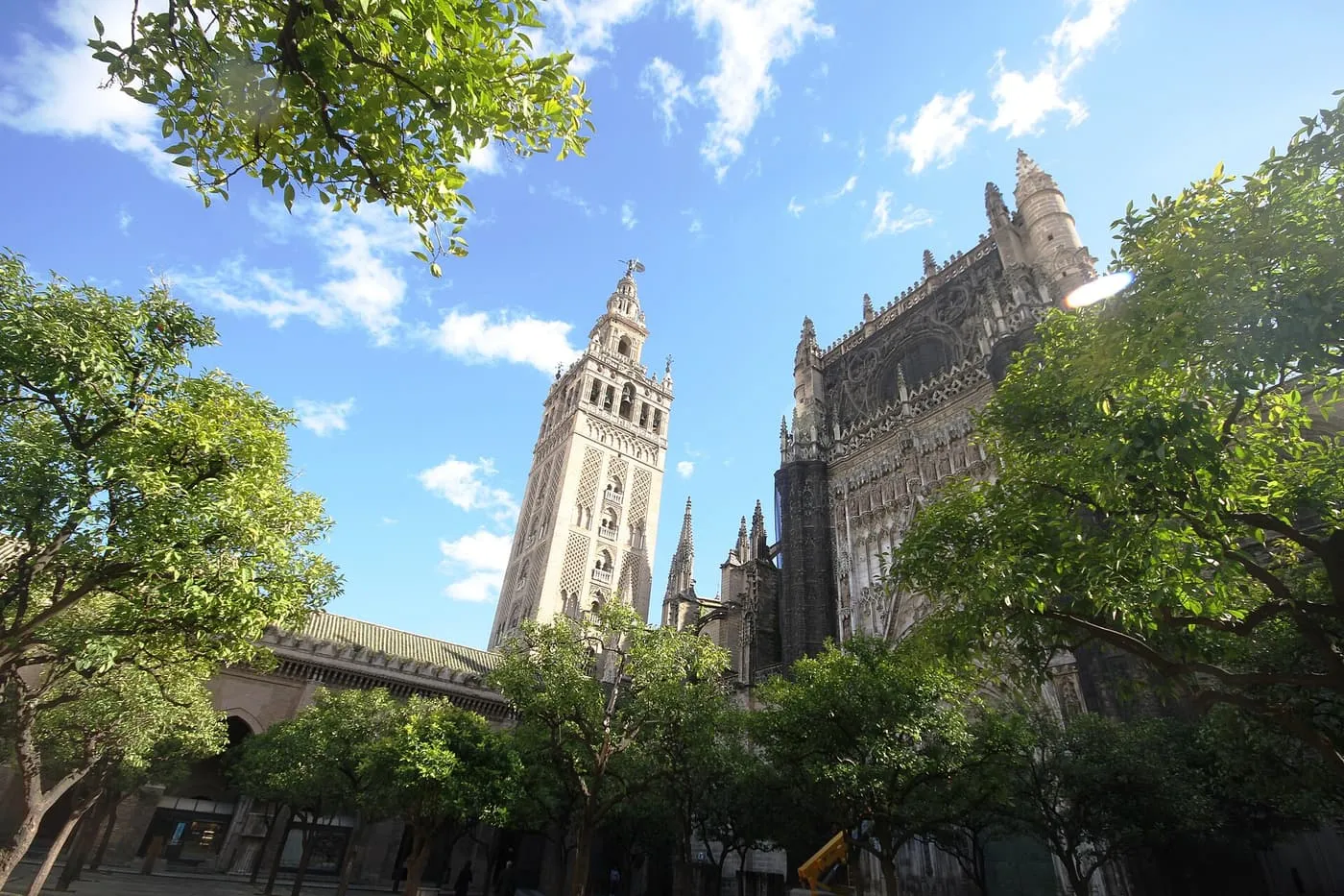 The Giralda tower rising above orange trees in the Patio de los Naranjos under a blue sky with white cloud, beside the carved front of the Cathedral