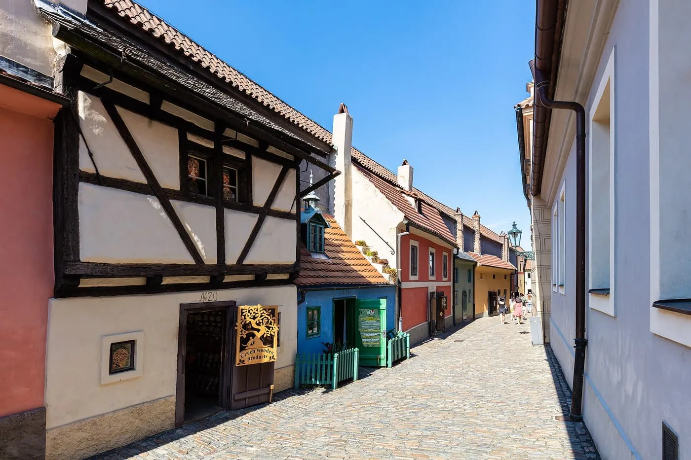 Small coloured houses along the cobbled Golden Lane inside Prague Castle