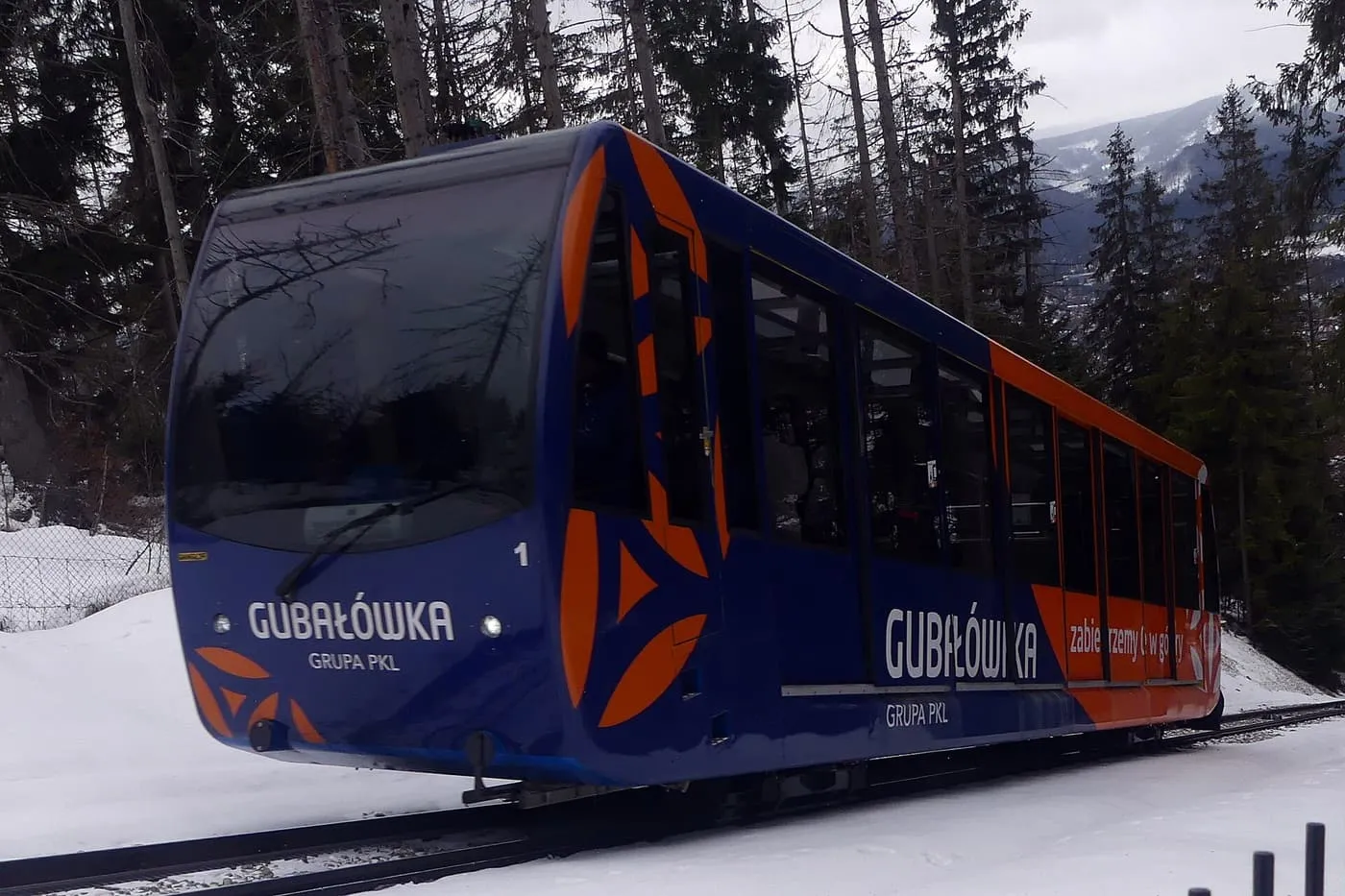 A blue and orange Gubałówka funicular car on its track in snow, with conifers behind