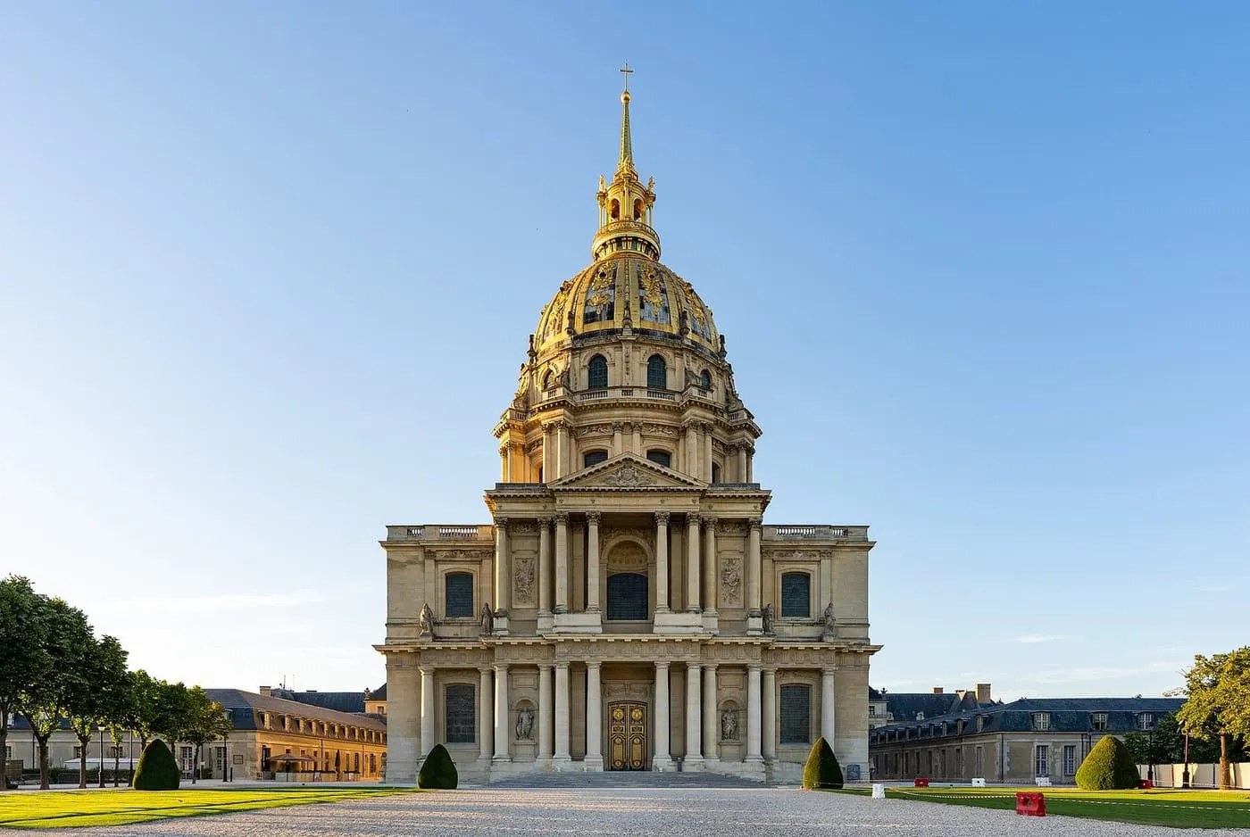 The south front of the Dôme des Invalides, with its gilded dome, seen across the gravel forecourt on a clear morning