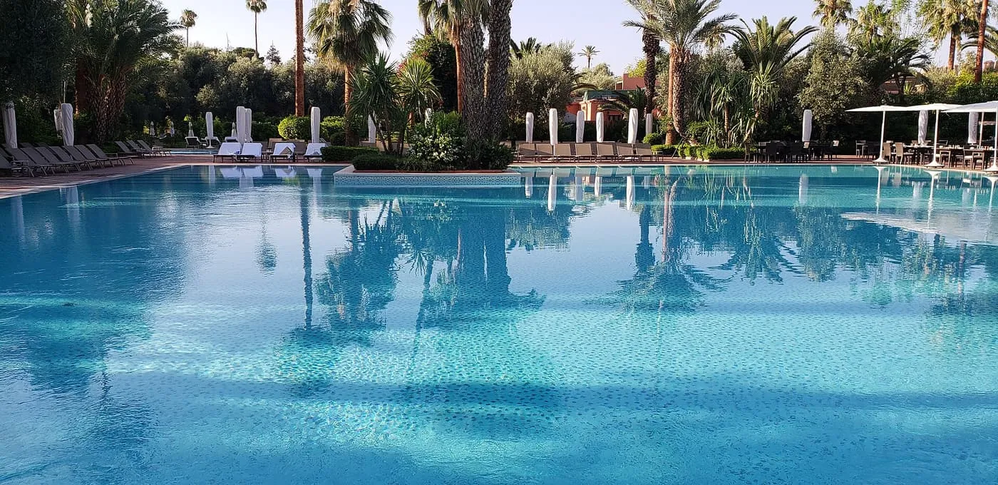 The outdoor pool at La Mamounia, with palm trees reflected in the water and sun loungers beyond