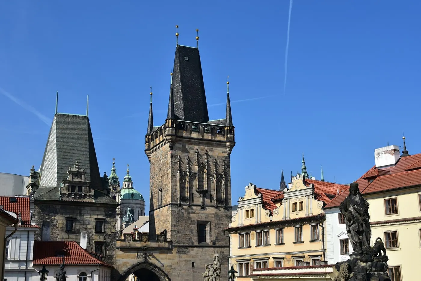 The two Lesser Town Bridge Towers at the Lesser Town end of Charles Bridge, the smaller Judith Tower on the left and the taller tower on the right