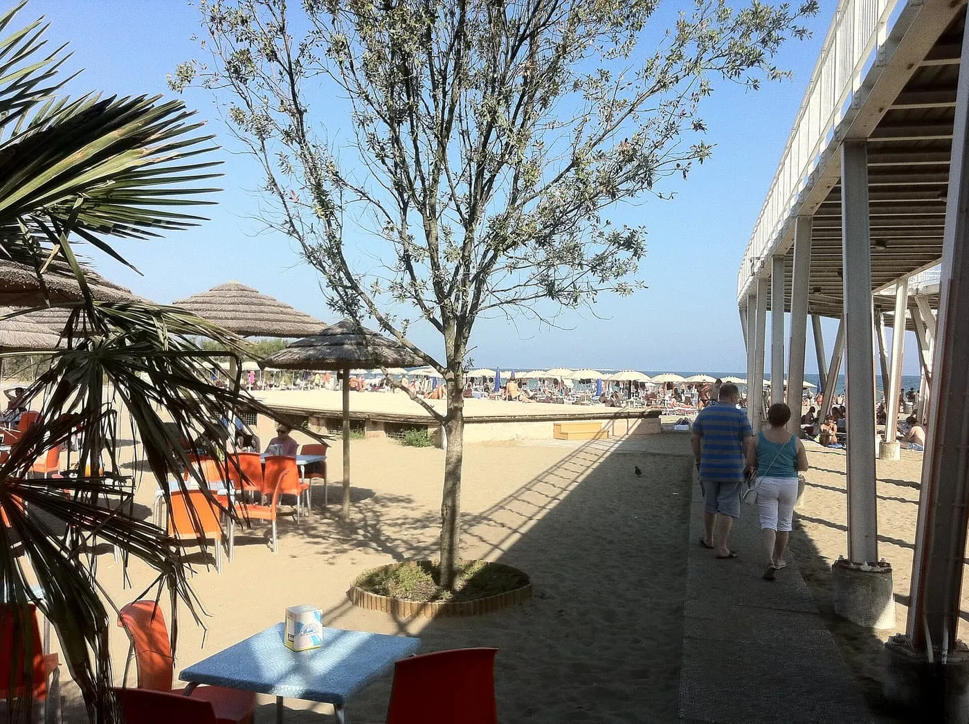 Sunbathers and rows of beach umbrellas on the sand of the Lido, seen past a café terrace