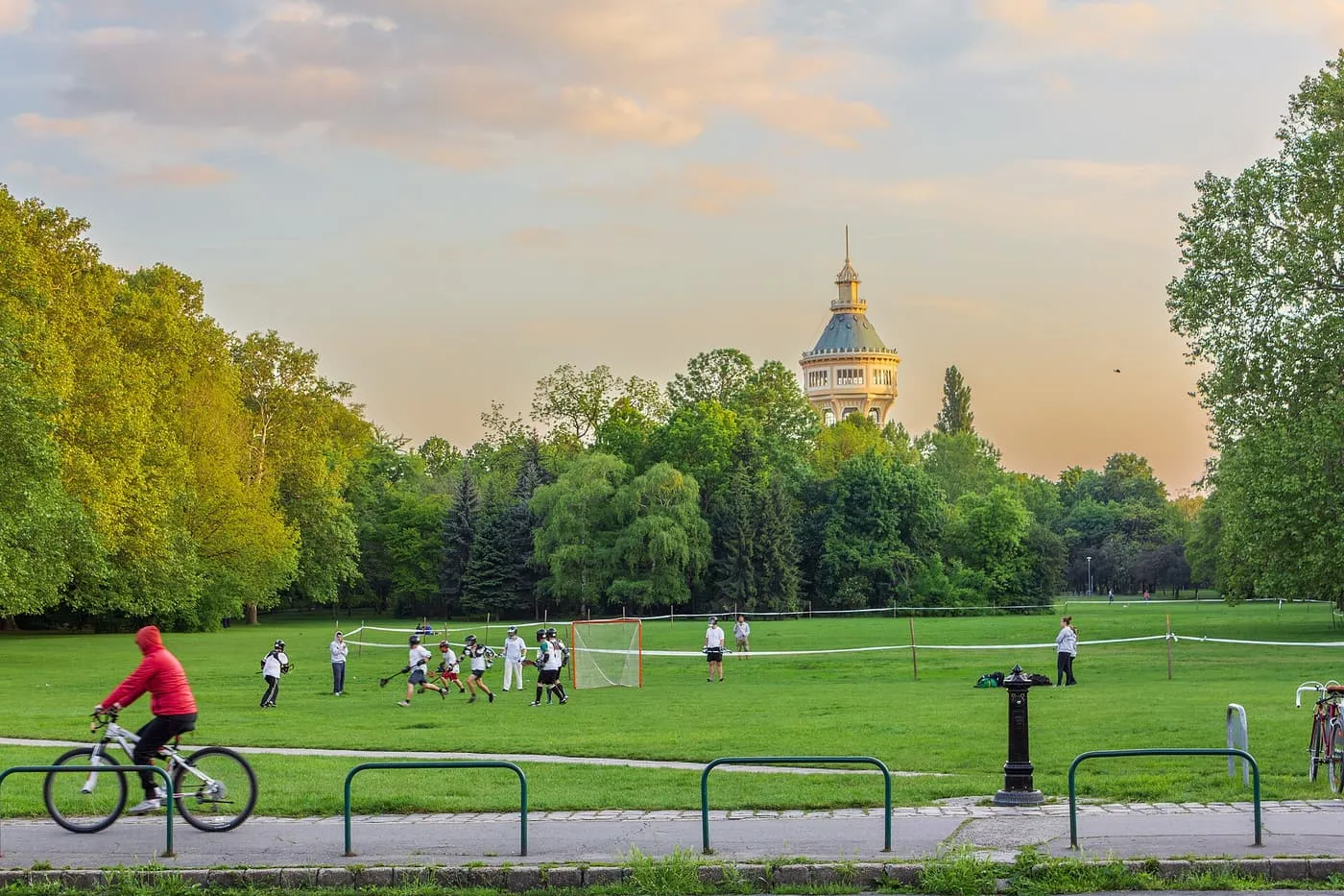 A park lawn on Margaret Island in full leaf, with a cyclist on the path and the water tower rising behind the trees