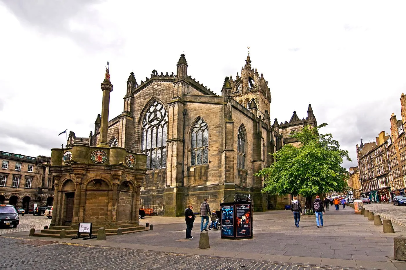 The Mercat Cross beside St Giles' Cathedral on the Royal Mile, with the crown spire behind it