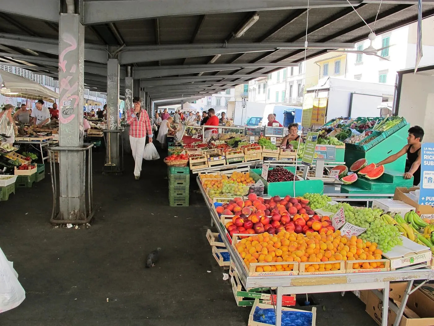 Piled fruit and vegetables on stalls under the steel roof of the Mercato di Sant'Ambrogio, with shoppers walking between them