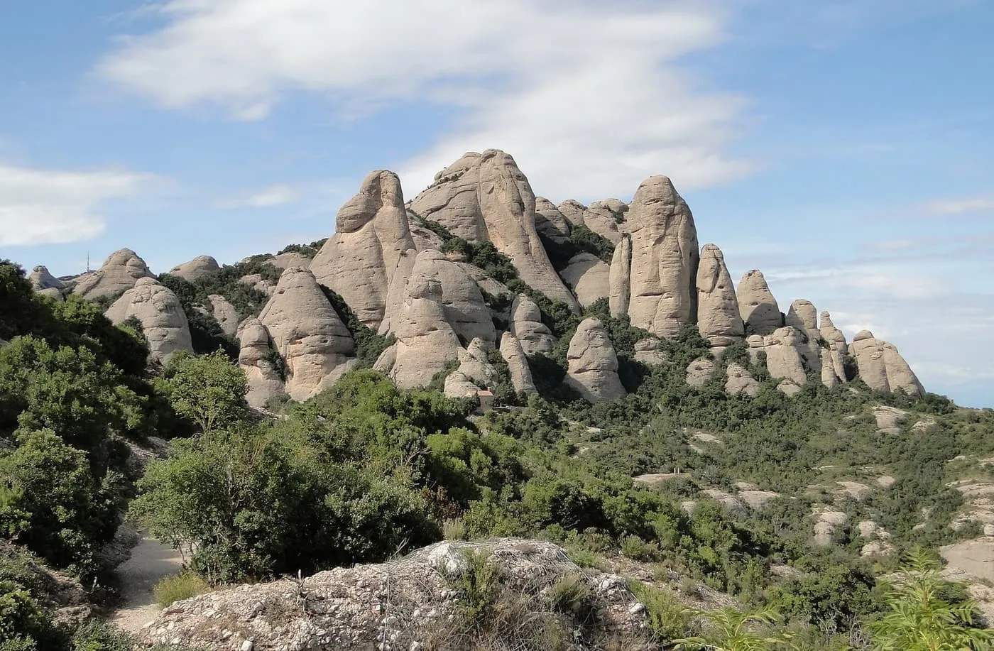 Rounded pinnacles of pale conglomerate rock rising above green scrub on the Montserrat massif