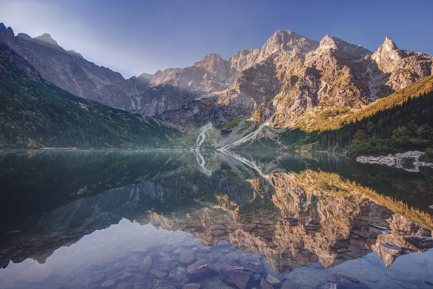 Morskie Oko lake in early light, with the jagged Tatra peaks reflected in still water