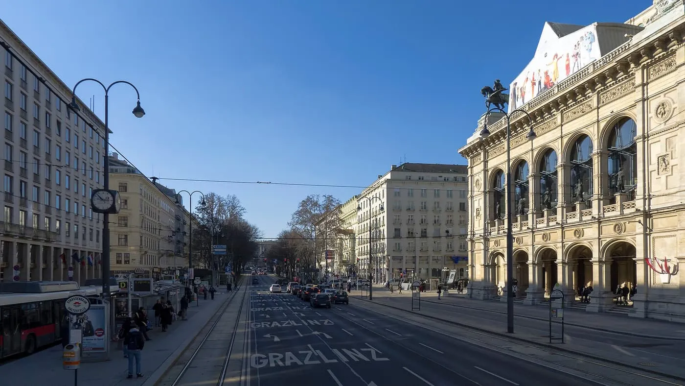 The Opernring on the Ringstrasse under a blue sky, with the arcaded side of the State Opera on the right and tram lines running down the street