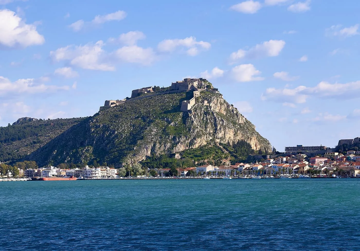 The fortress of Palamidi on its steep hill above the waterfront of Nafplio, across the water of the gulf