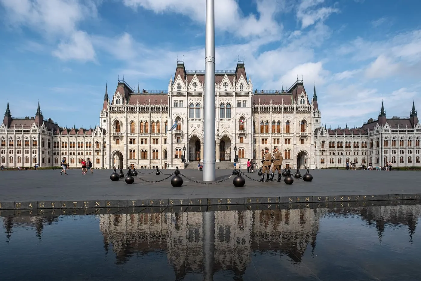 The east front of the Hungarian Parliament on Kossuth Square, with two guards by the flagpole and the façade reflected in a pool