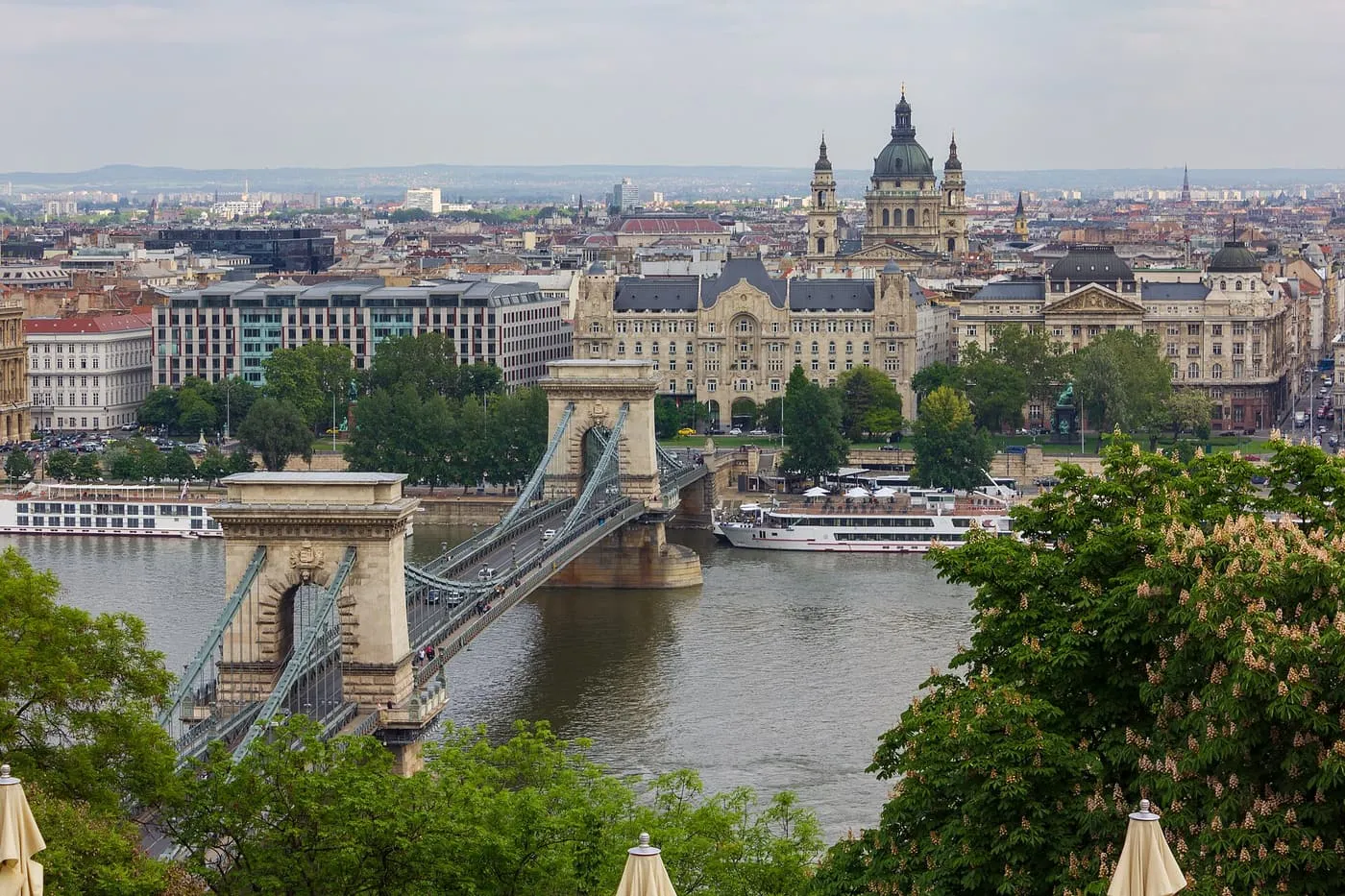 The Chain Bridge and the Pest riverfront, with the dome of St Stephen's Basilica rising behind the houses