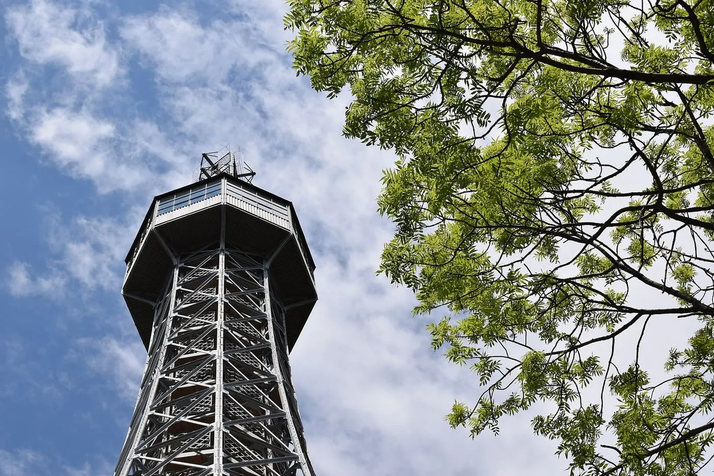 The steel Petřín Lookout Tower seen from below, with its viewing platform against a blue sky and a tree in the foreground