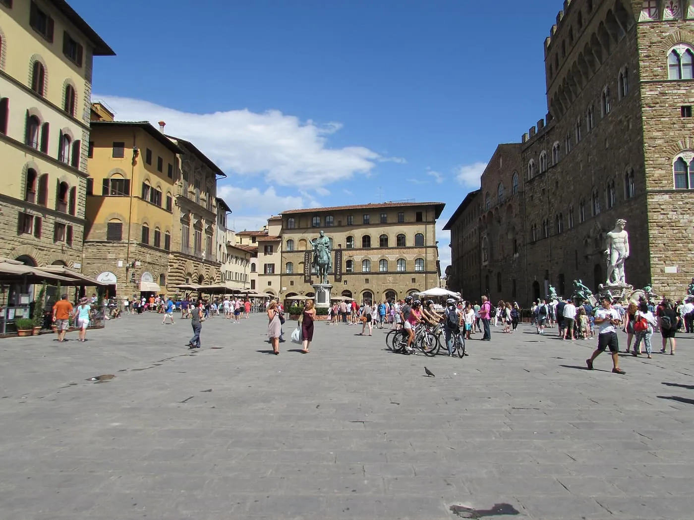 Piazza della Signoria with the equestrian statue of Cosimo I, the Neptune Fountain at the right and the corner of Palazzo Vecchio