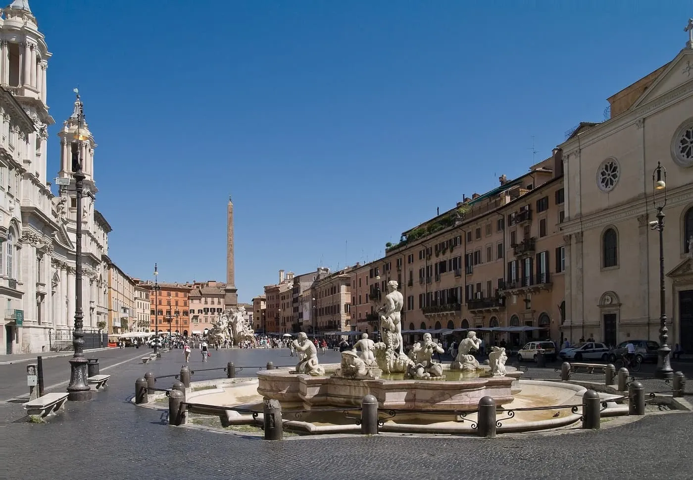Piazza Navona with the Fountain of the Moor in the foreground, Sant'Agnese in Agone on the left and the obelisk of the Four Rivers Fountain beyond