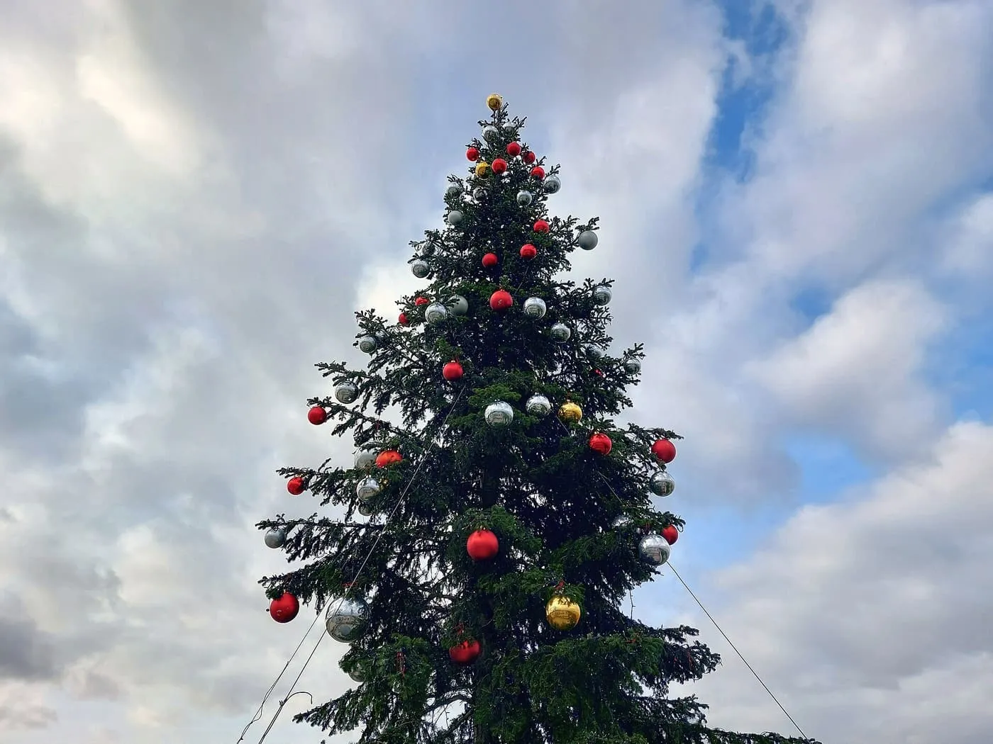A Christmas tree hung with red, silver and gold baubles against a cloudy sky