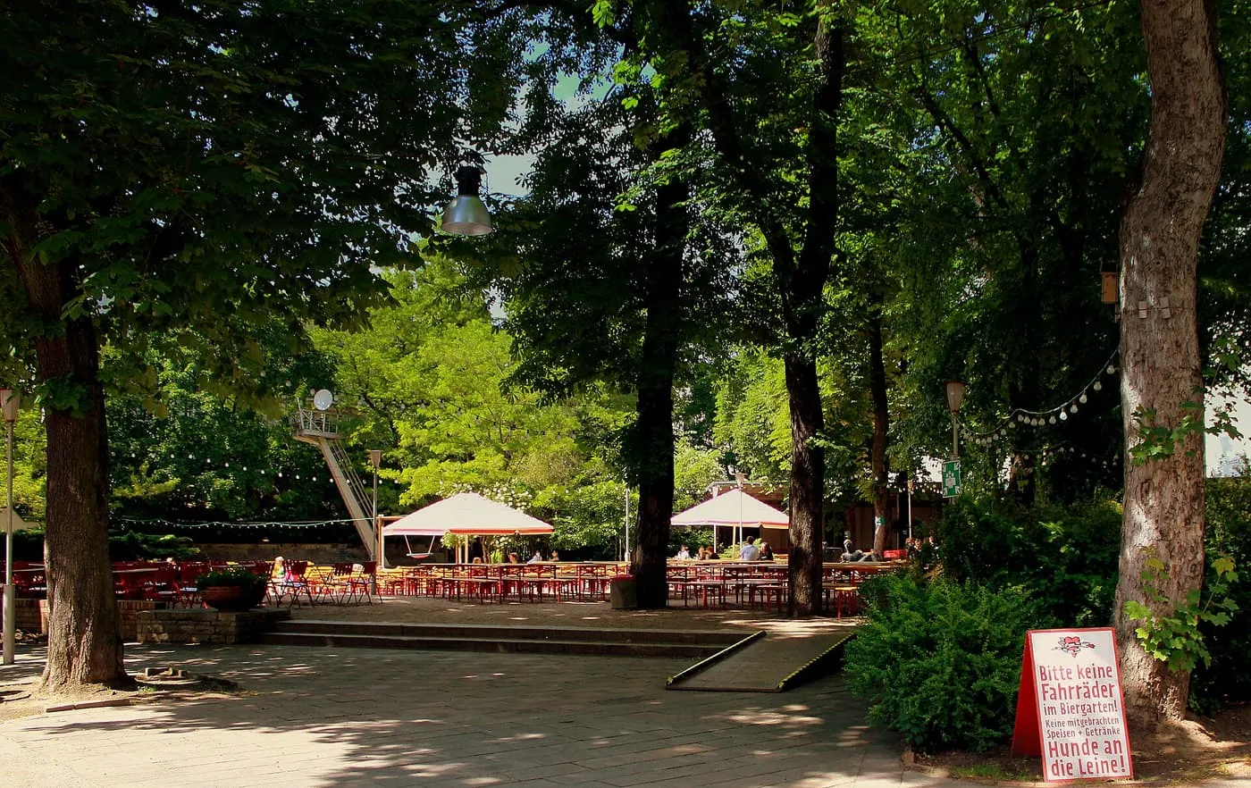 Rows of tables under trees and parasols in the Pratergarten beer garden