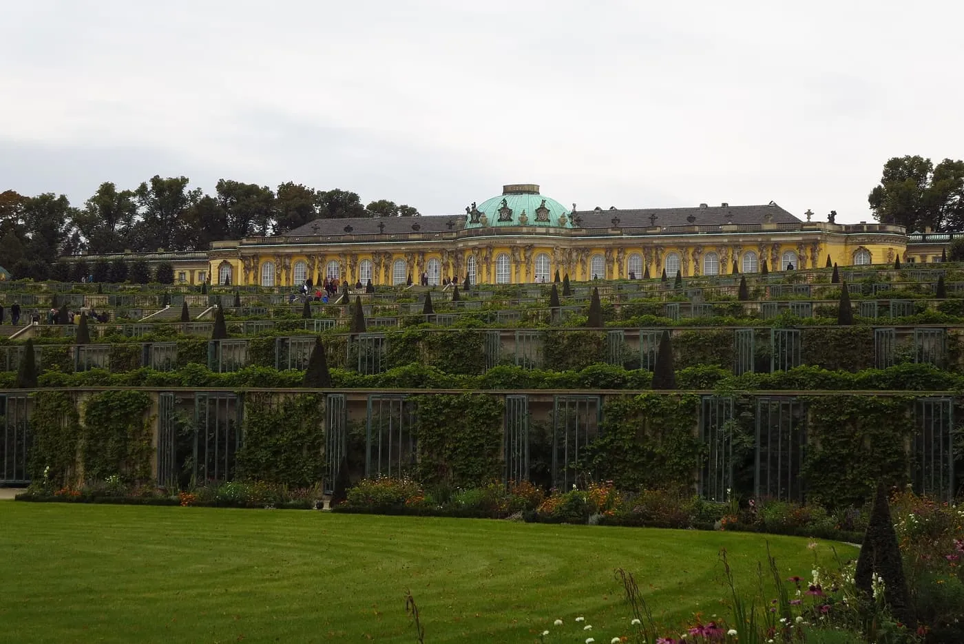Sanssouci Palace, a low yellow palace with a green dome, above the stepped vineyard terraces and a lawn