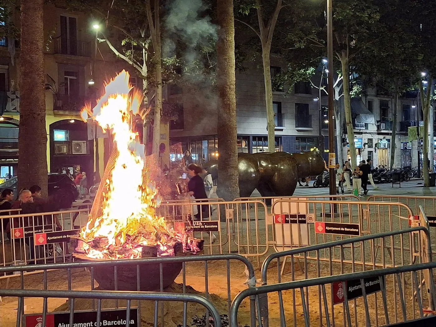 A Sant Joan bonfire burning in a fenced pit on the Rambla del Raval at night, with plane trees and passers-by behind