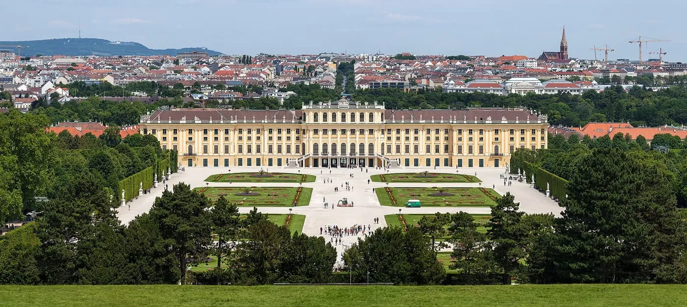 Schönbrunn Palace and its formal gardens, seen from the hill above
