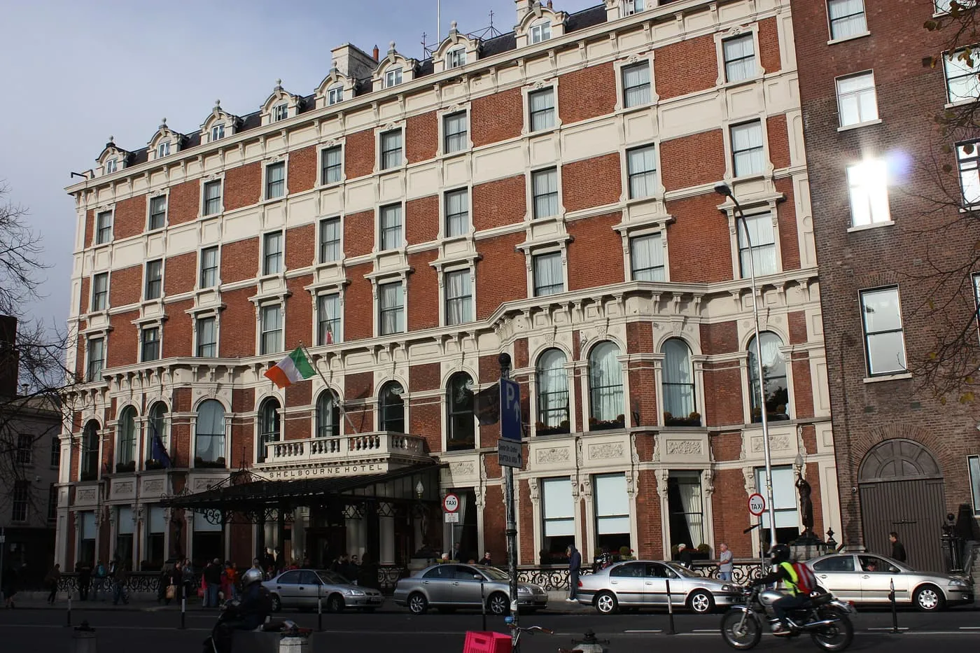 The red-brick and cream facade of the Shelbourne Hotel on the north side of St Stephen's Green