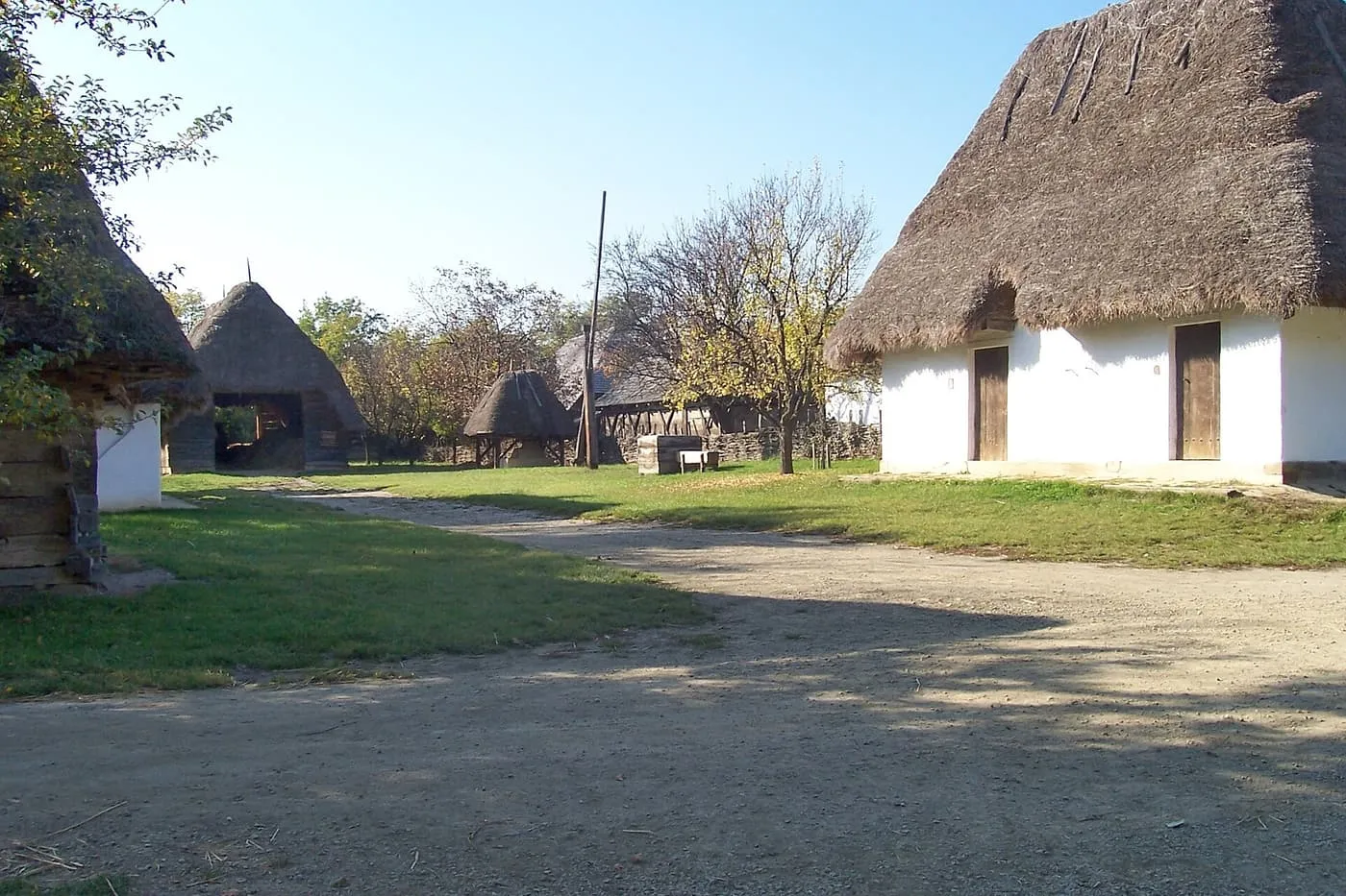 Whitewashed farmhouses with thatched roofs along a dirt track in the Skanzen open-air museum