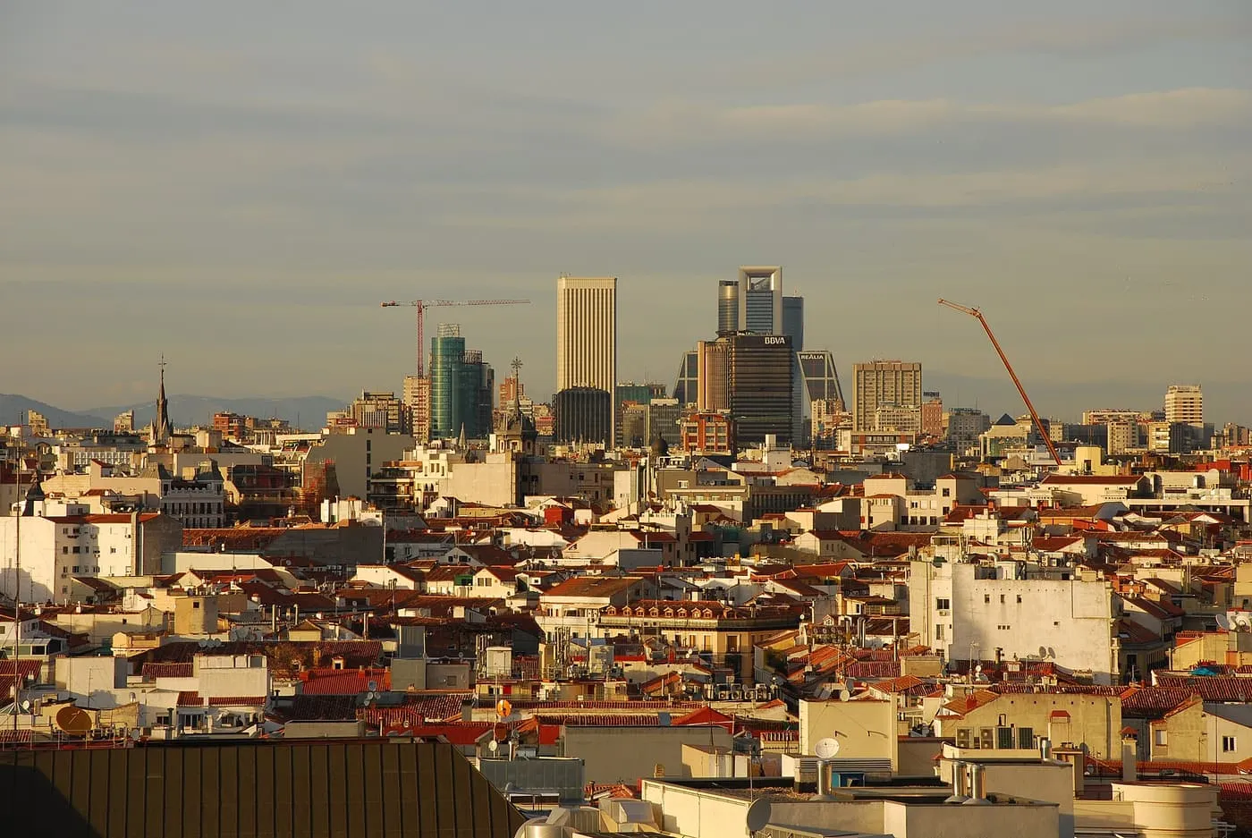 Rooftops of central Madrid with the business towers on the northern skyline, from the roof of the Círculo de Bellas Artes