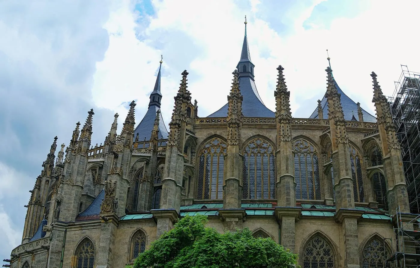 St Barbara's Cathedral in Kutná Hora, seen from the east, with its pinnacles, flying buttresses and steep slate roofs