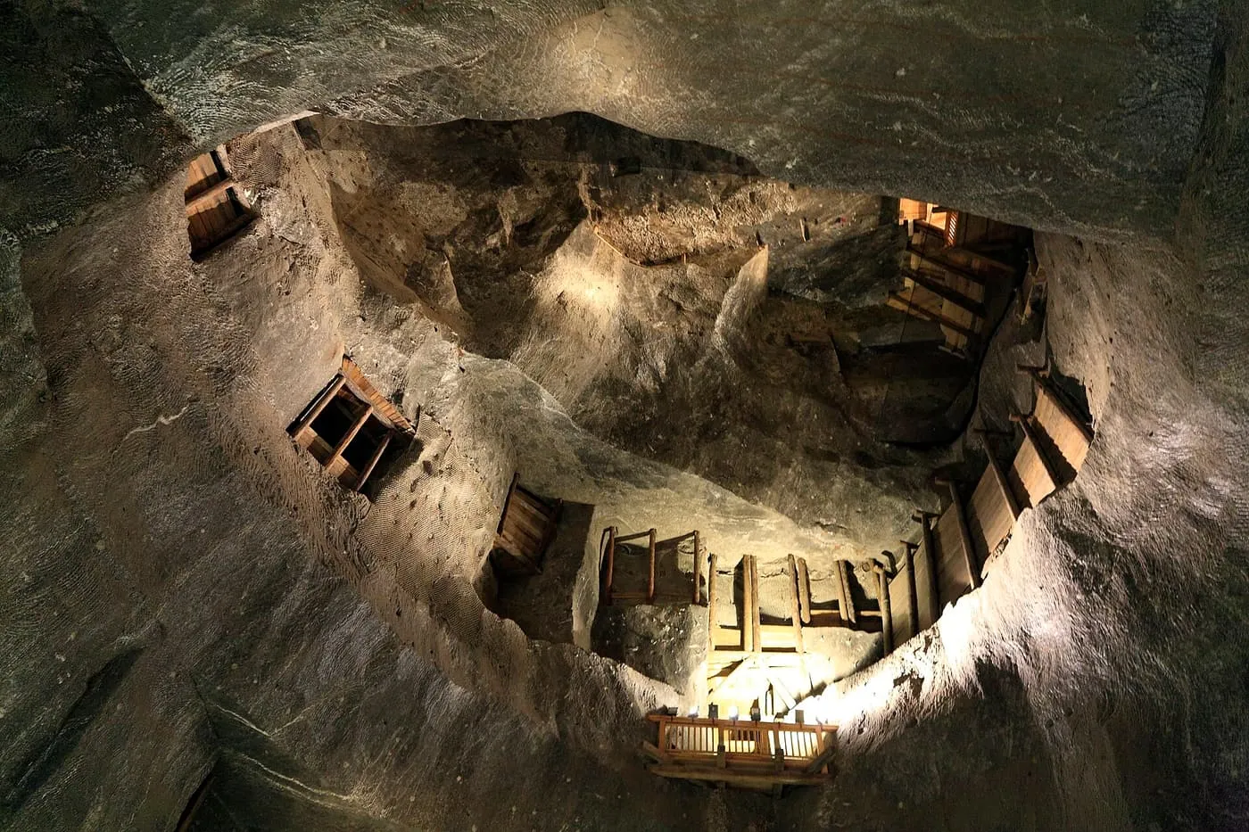 Wooden walkways and shuttering around the walls of the tall Staszic Chamber in the Wieliczka salt mine