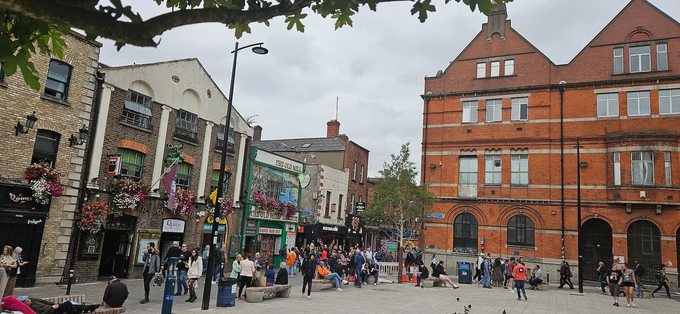 Temple Bar Square, a cobbled open space with brick and stone buildings and people sitting and walking