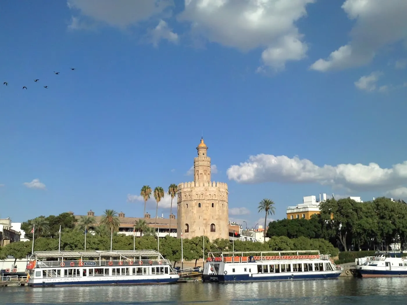Two white and blue river cruise boats moored below the Torre del Oro on the Guadalquivir, with palm trees and a blue sky behind