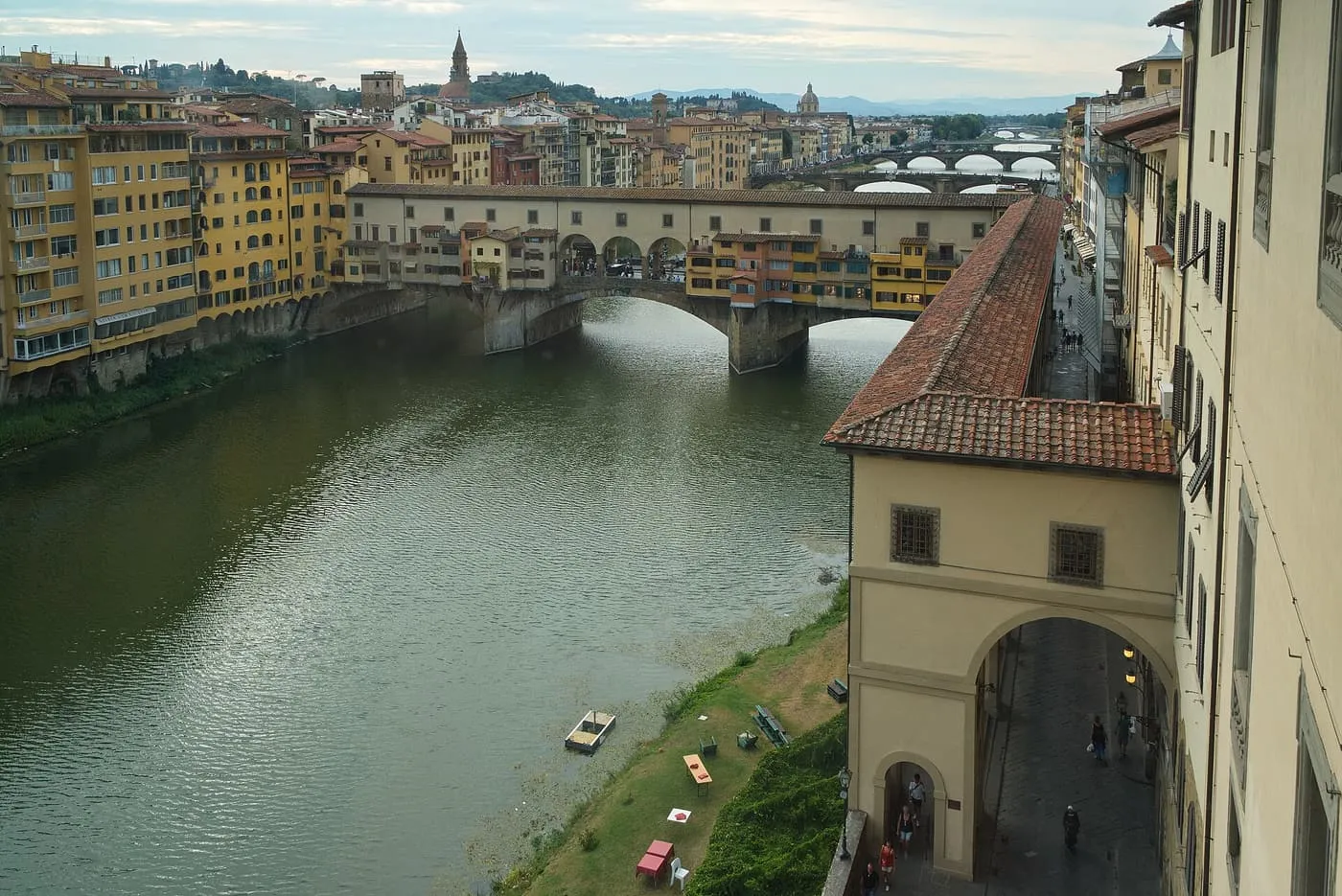 The Vasari Corridor running along the bank of the Arno towards the Ponte Vecchio, seen from a window of the Uffizi