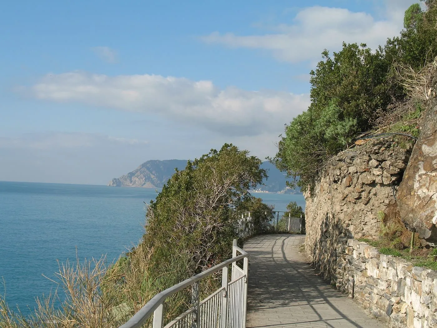 The paved Via dell'Amore running along the cliff above the sea behind a metal railing