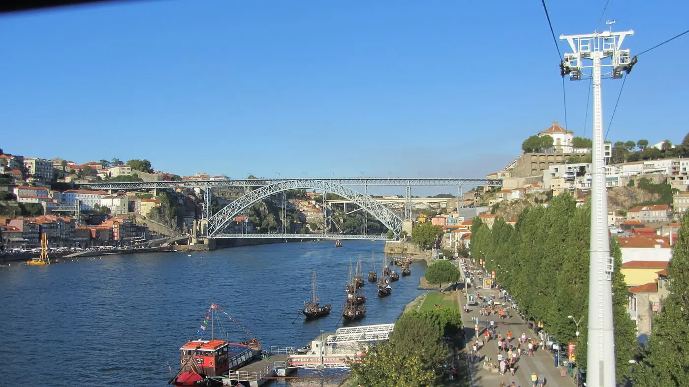 The Dom Luís I bridge across the Douro and the Gaia riverside promenade, seen past a cable car pylon
