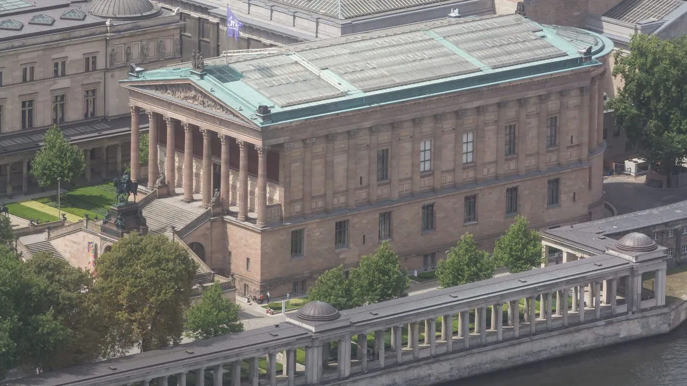 The Alte Nationalgalerie and the colonnade beside the Spree on Museum Island, seen from above
