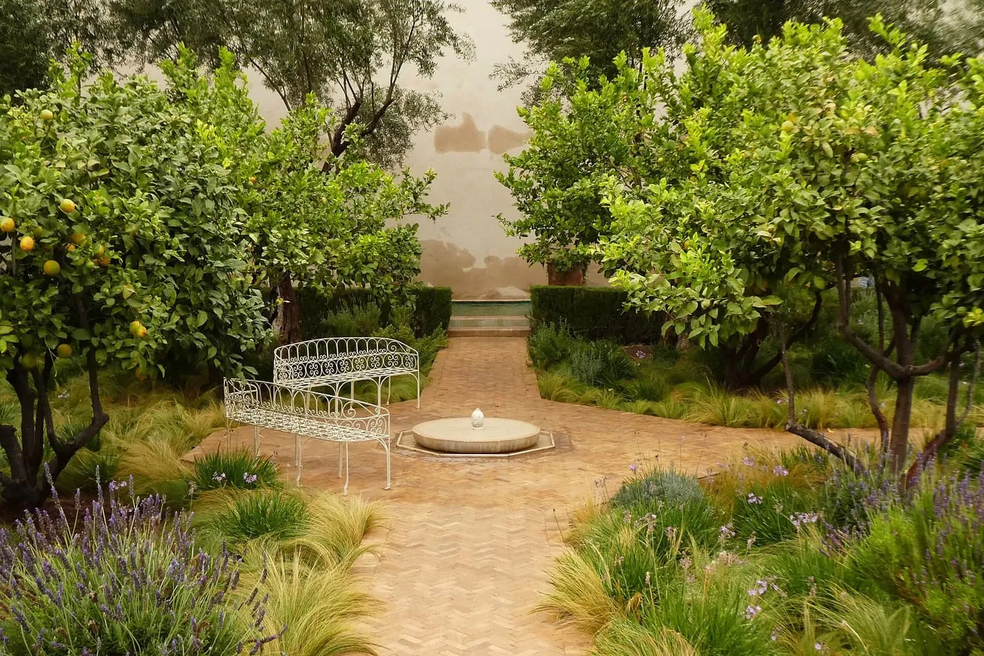 A white metal bench and a round stone fountain among lemon trees and grasses in a walled garden at Le Jardin Secret